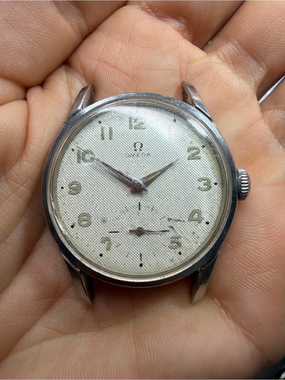 Vintage  Omega Silver Case Watch with White Textured Dial